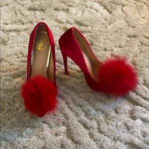 Red Velvet Pom Pom Heels